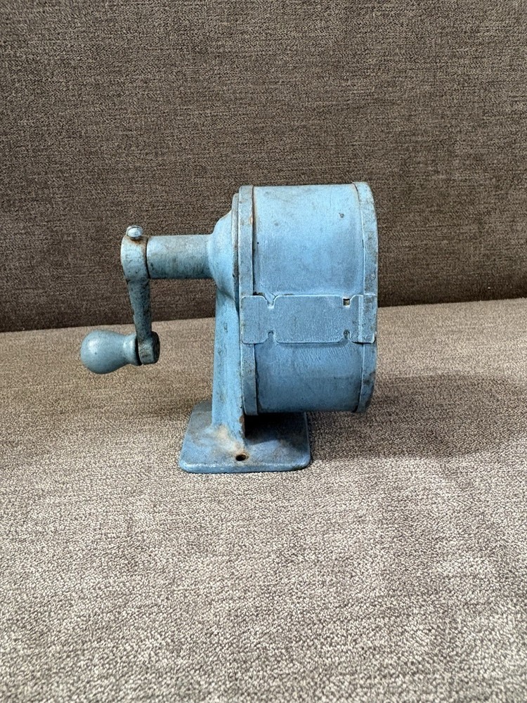VINTAGE Unnamed Pencil Sharpener Wooden Handle Blue Heavy Metal Base