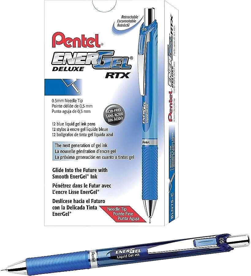 Pentel EnerGel RTX Retractable Gel Pen, Needle Tip Fine Point, Blue ink, 12 pens