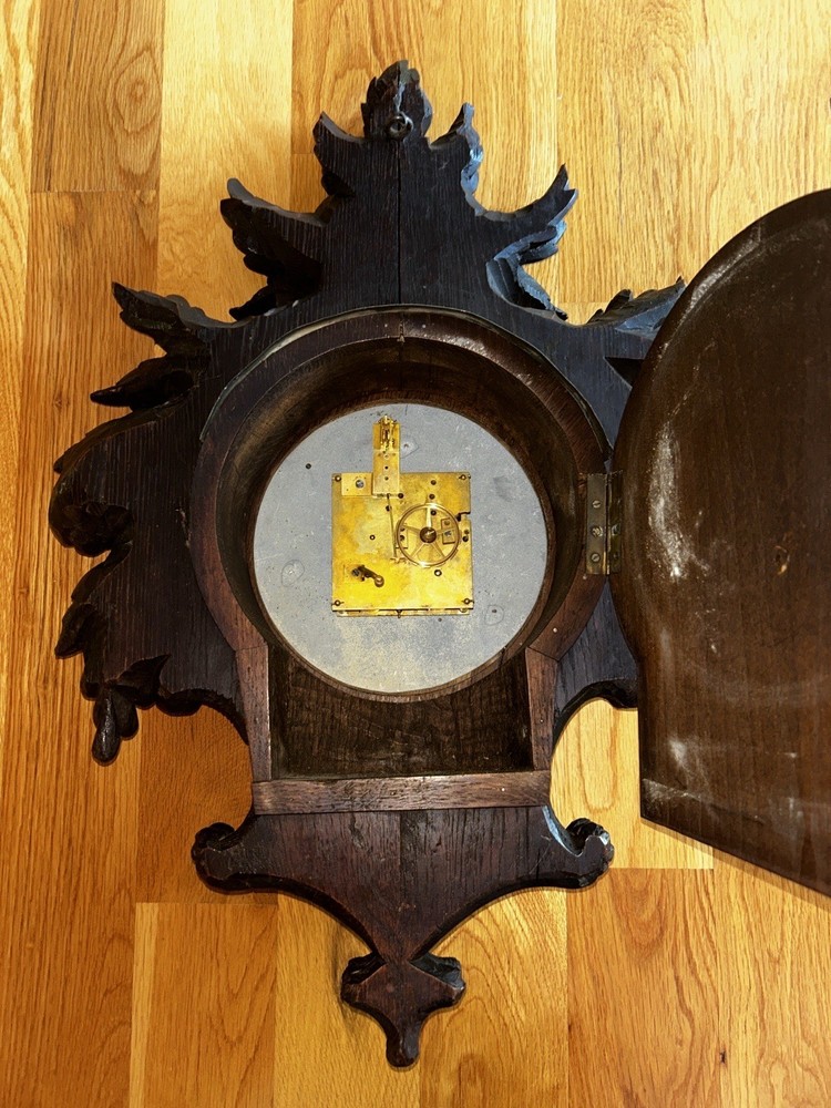 LARGE BLACK FOREST wood carving wall clock nuts/berrys theme, MISSING Pendulum