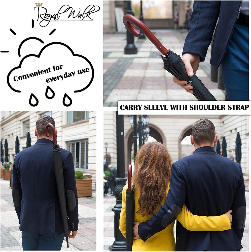 Royal Walk Windproof Large Umbrella for Rain 54 Inch Automatic Open Black