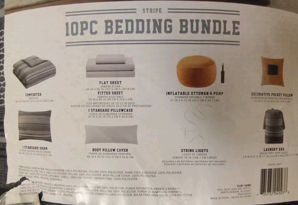 Stripe 10Pc Bedding Bundle Comforter Set W/String Lights & ...See Description