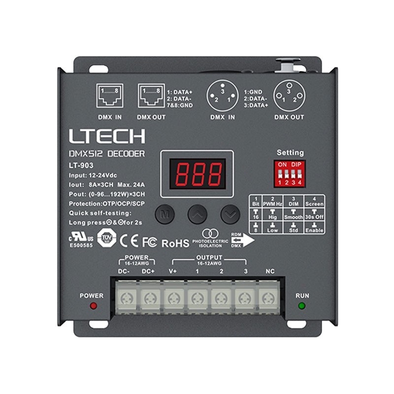 LTECH LT-905 DMX512 DECODER, 5-CHANNEL, 25 amp max