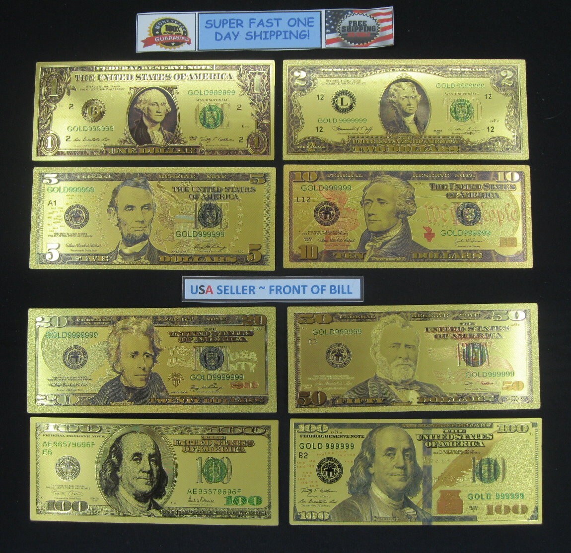 24k Gold Foil Plated US Currency Banknote Set-8 Bill Collectible Novelty