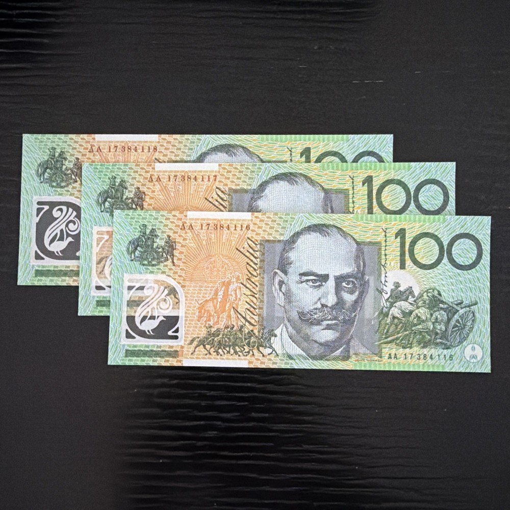 $100 2017 Notes x 3 $100 First Prefix AA17 Lowe/Fraser Consecutive Unc
