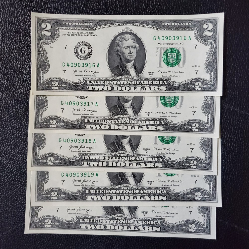 5x Uncirculated $2 Two Dollar Bills Consecutive 2017 10th Birthday Anniversary