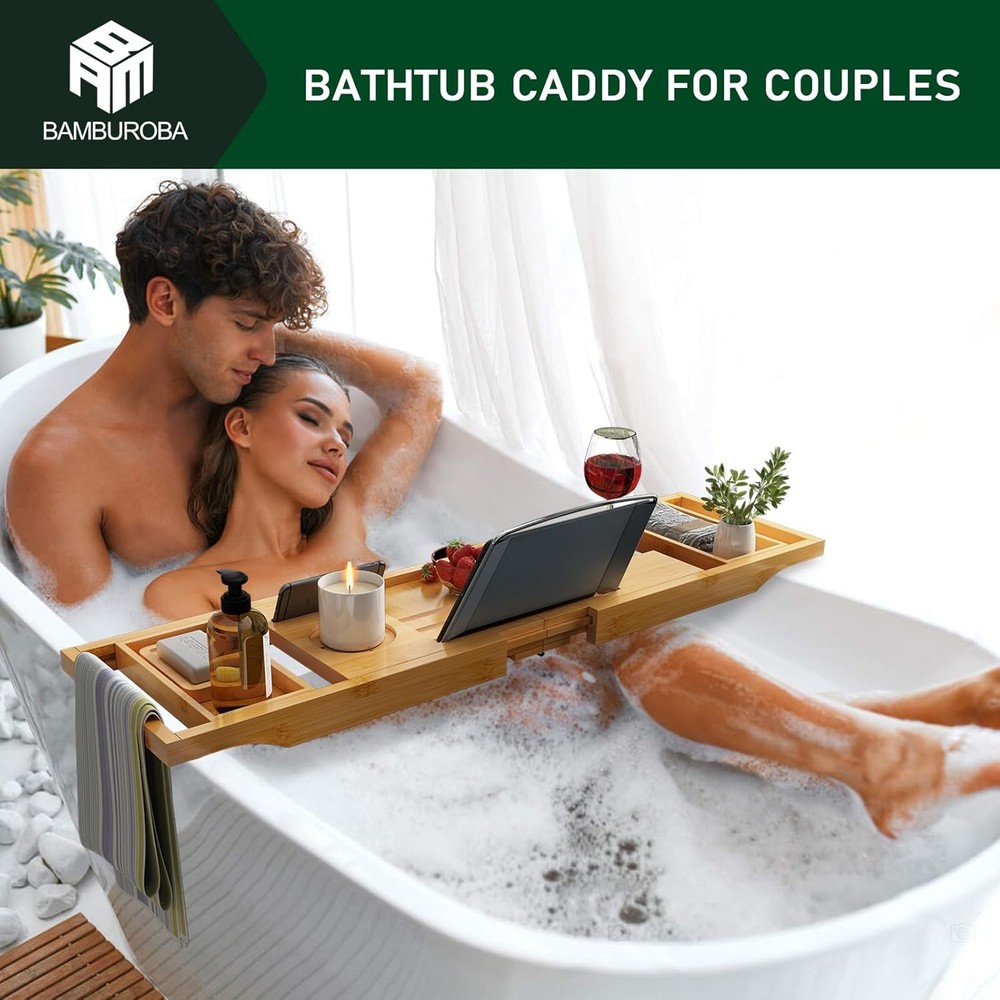 Bamboo Bathtub Caddy Tray Expandable for Luxury Bath, Bath Natural