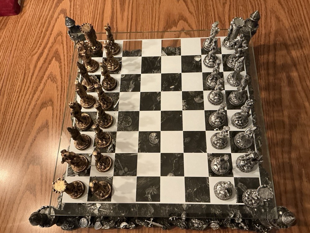 Medieval Knight Chess Set with Castle Platform & Glass Board