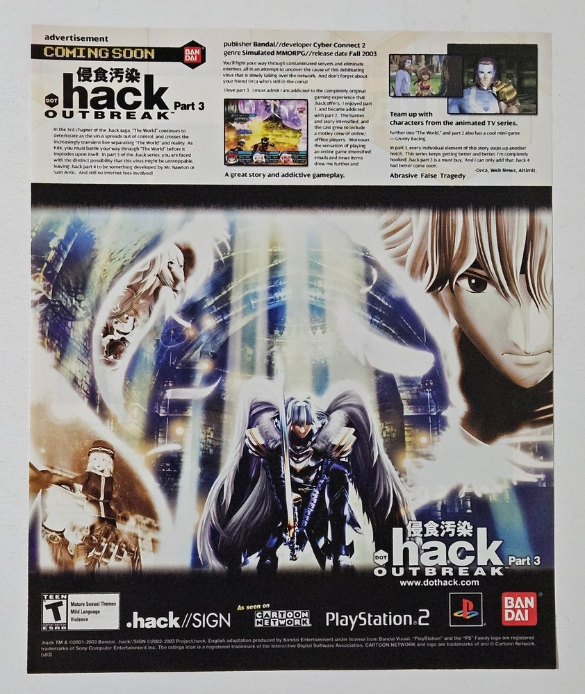 Dot Hack Outbreak Part 3 PS2 Vintage Magazine Print Ad Video Game Bandai 2003