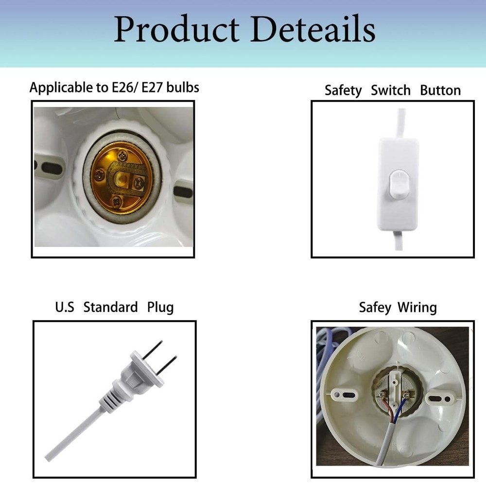 10FT Light Bulb Base with Cord E26/E27 Light Socket with On/Off Switch, 110V-...