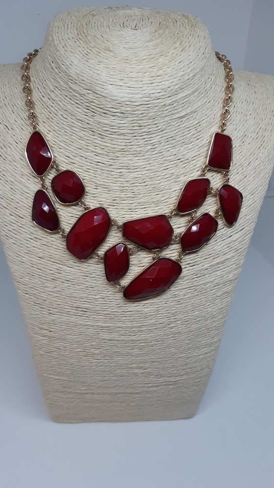 Red Bead Necklace Earring set on gold tone