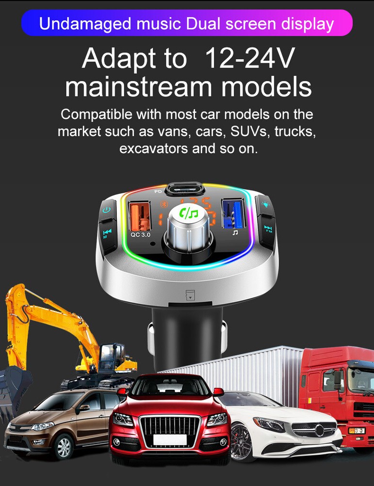 LED Backlit Bluetooth FM Transmitter Car MP3 TF/U Disk Player Handsfree USB PD