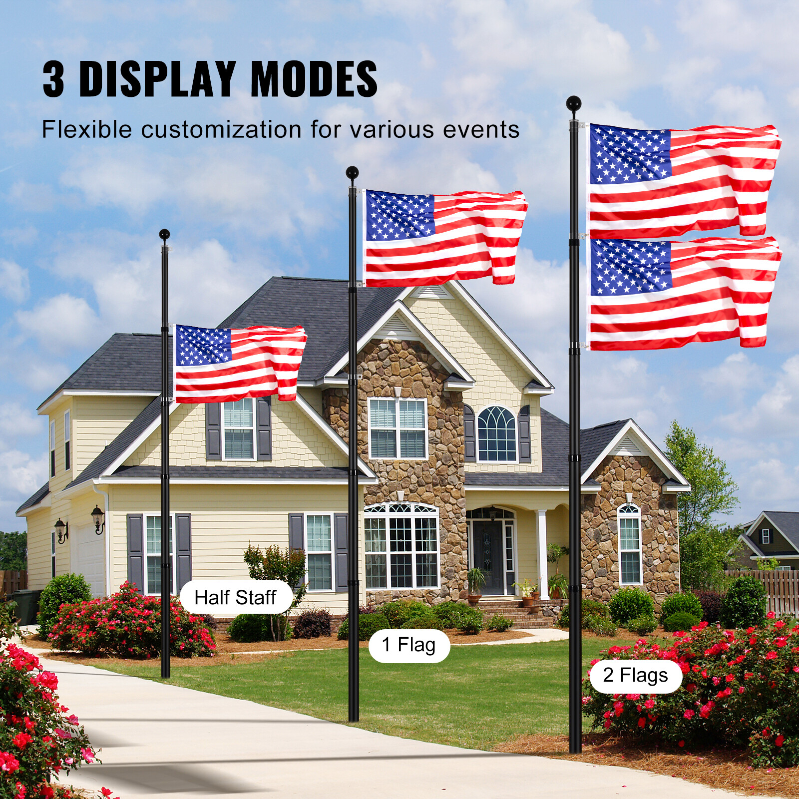 VEVOR 20FT Telescopic Flagpole Kit Heavy Duty Aluminum Flag Pole American Black