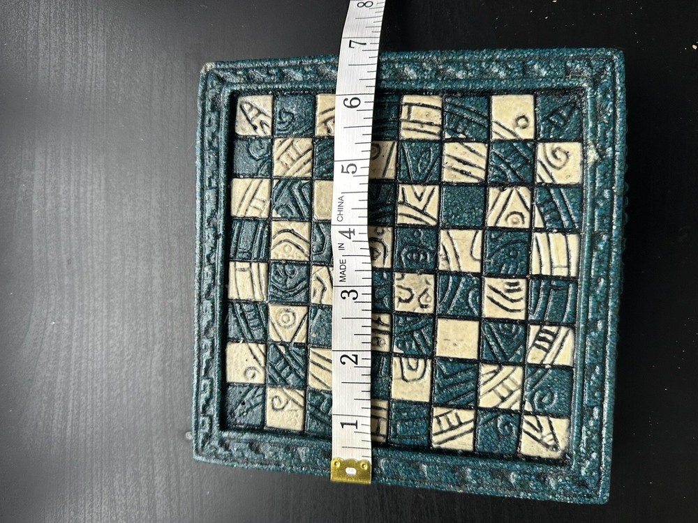 Vintage Mini Mayan Aztec Chess Set Complete Blue & White