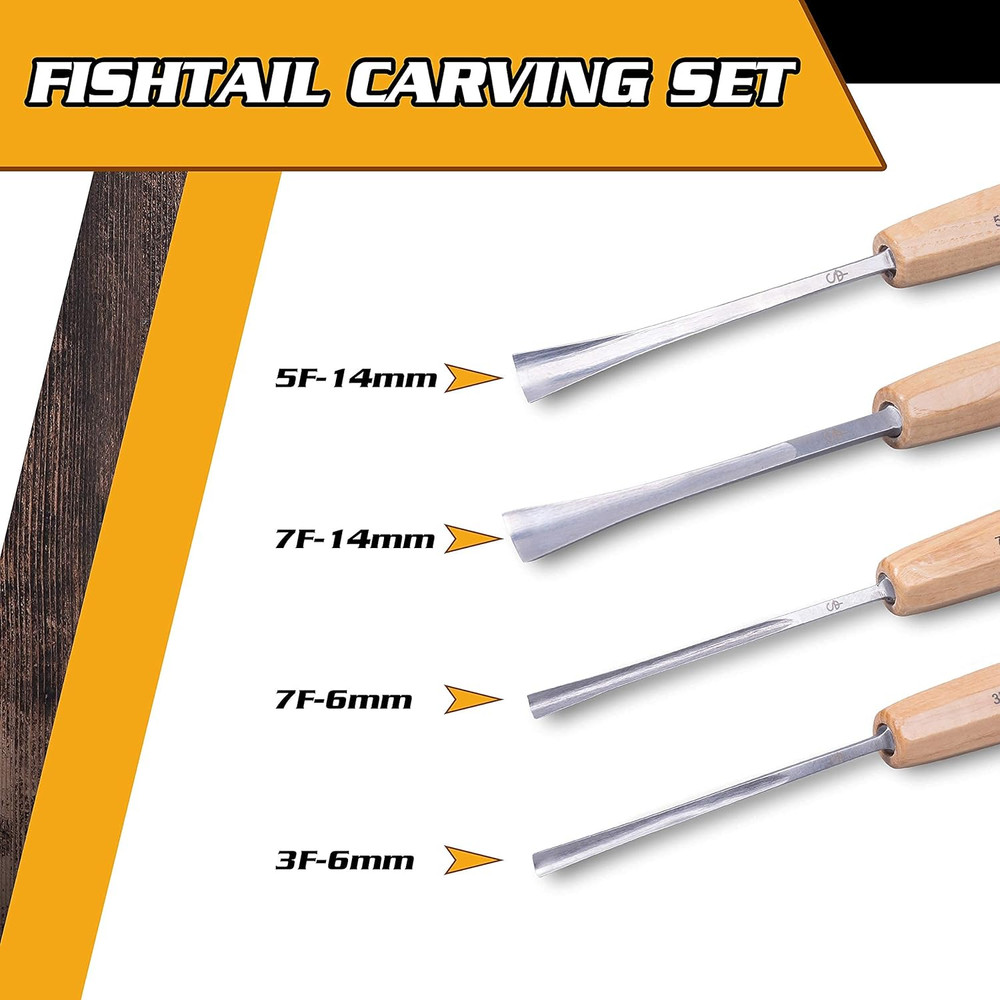 High-Quality Wood Carving Tools Set of 4 Fishtail Chisels and Gouges, Razor Shar