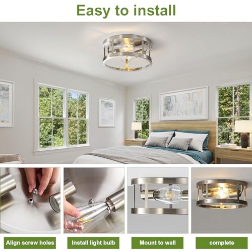 2-Light Industrial Flush Mount Ceiling Light Fixture,Brushed 2 Pack Silver