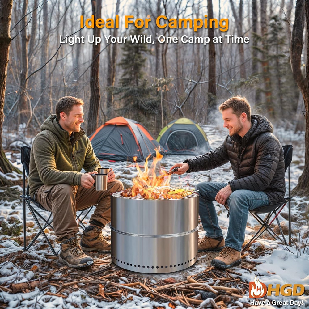 Compact 19.8" Smokeless Fire Pit & Grill - Perfect for Camping & Backyard Fun