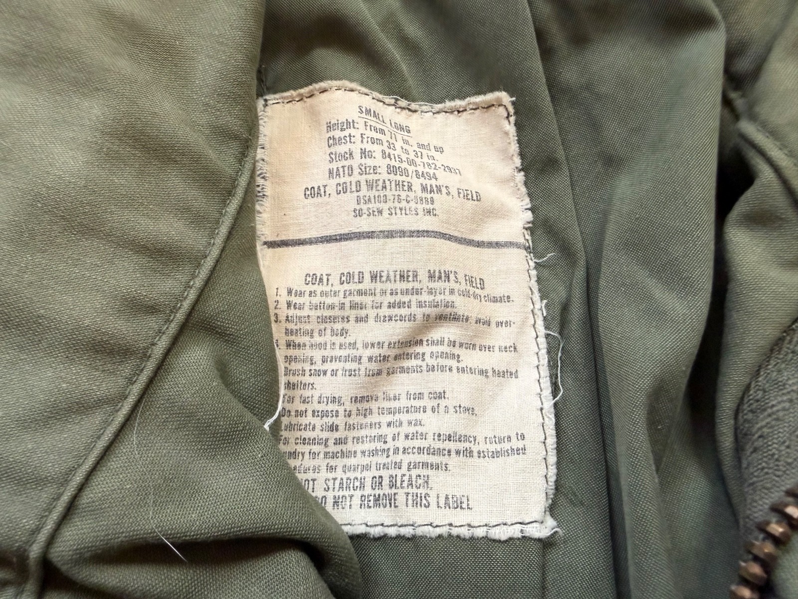 ORIGINAL VIETNAM WAR US ARMY OG-107 COLD WEATHER PARKA-SMALL SHORT