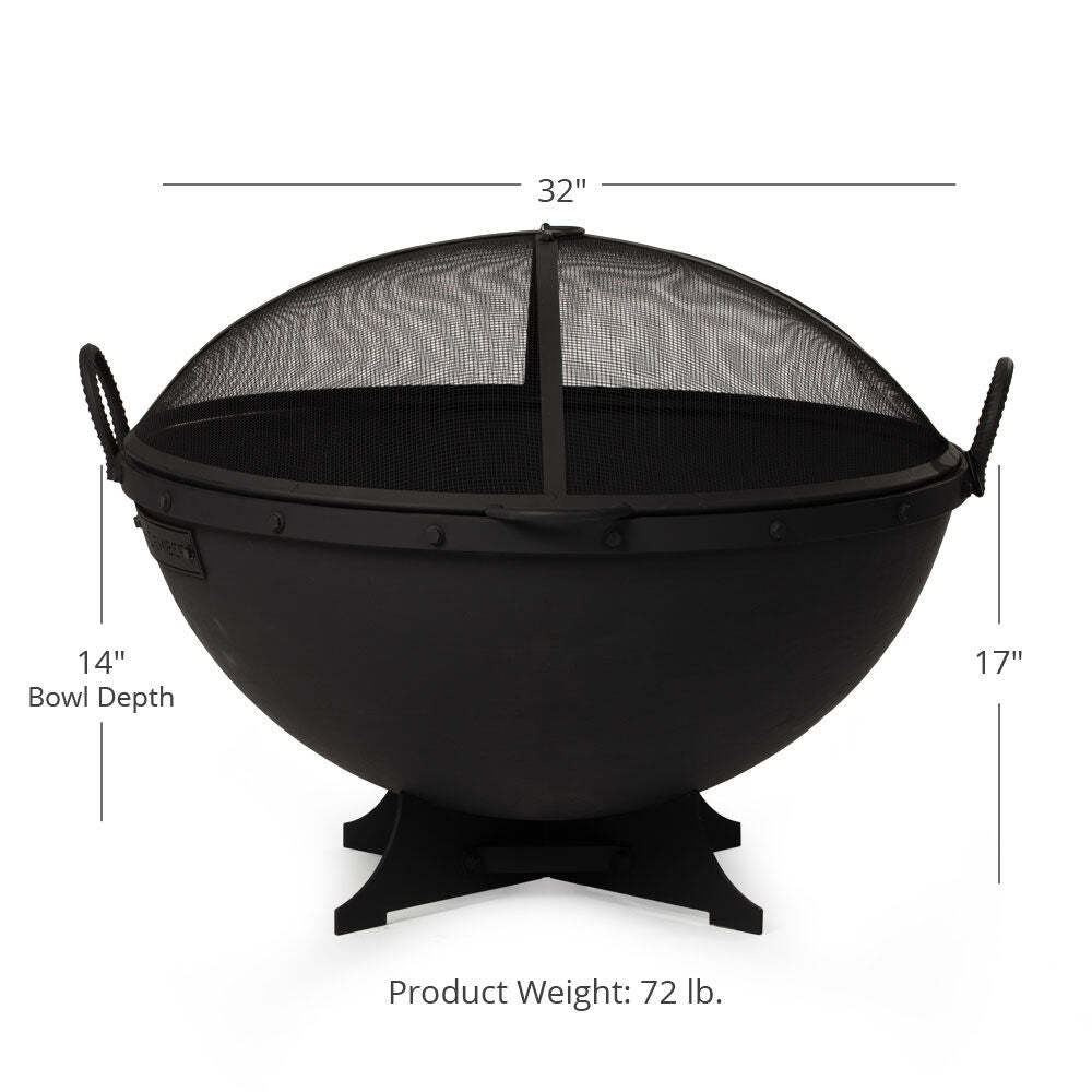 Ash & Ember 32" Hemisphere Fire Pit with Screen and Poker, Cast Iron High-Temper