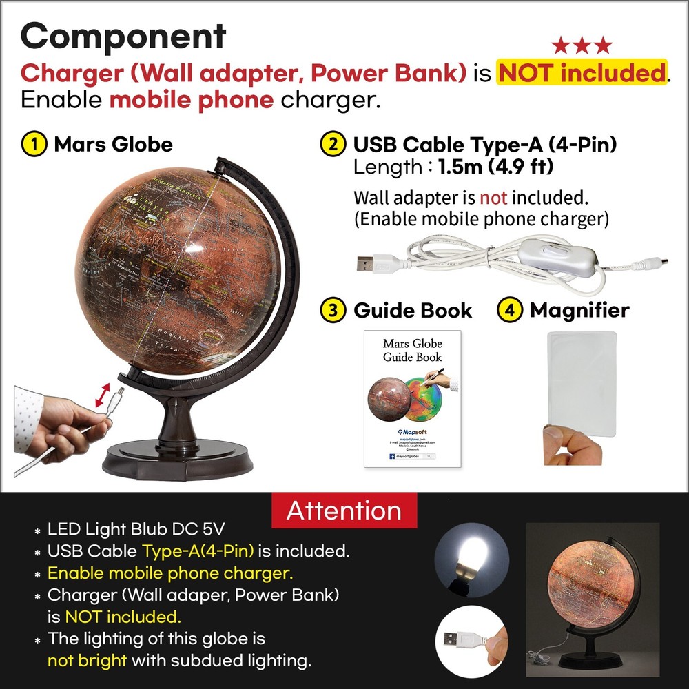 Mapsoft Explorer Illuminated Mars Globe, 24cm/9.5", RI-24, Lamp, Light, LED