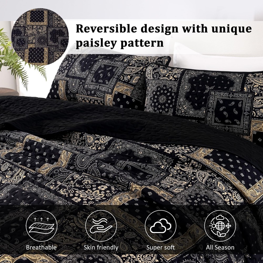 Cottolester Boho Patchwork Quilt Set Queen Size,Black Gold Fall Bedspread,Pai...