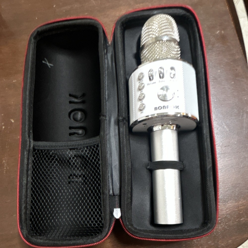 BONAOK Bluetooth Wireless Karaoke Microphone Silver with Carrying Case