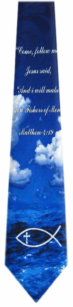 Blue White Religious Necktie Jesus Christian Fish Symbol Scripture