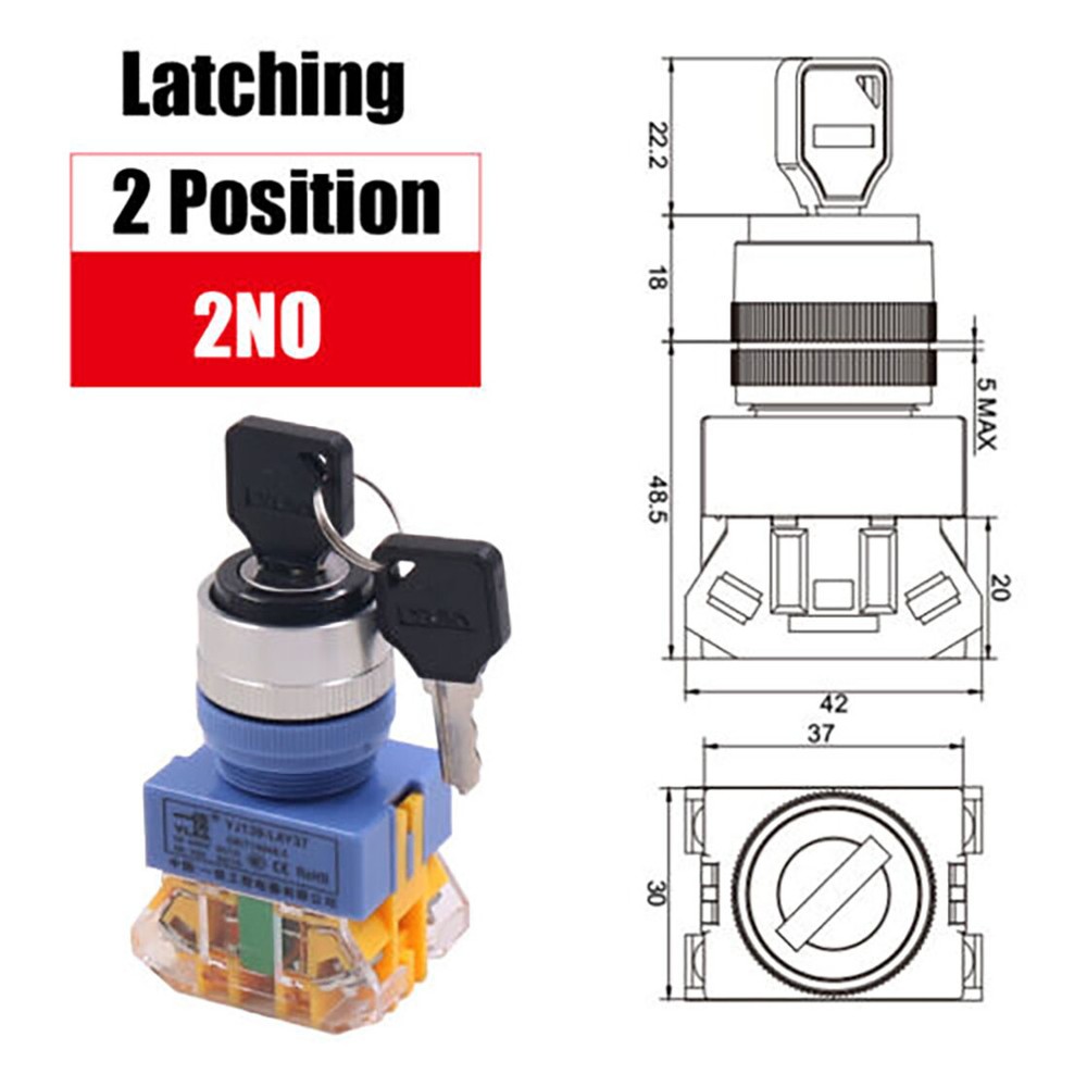 On/Off Security Key Switch Lock +Keys 22mm Momentary/Latching 2/3 Position NO/NC