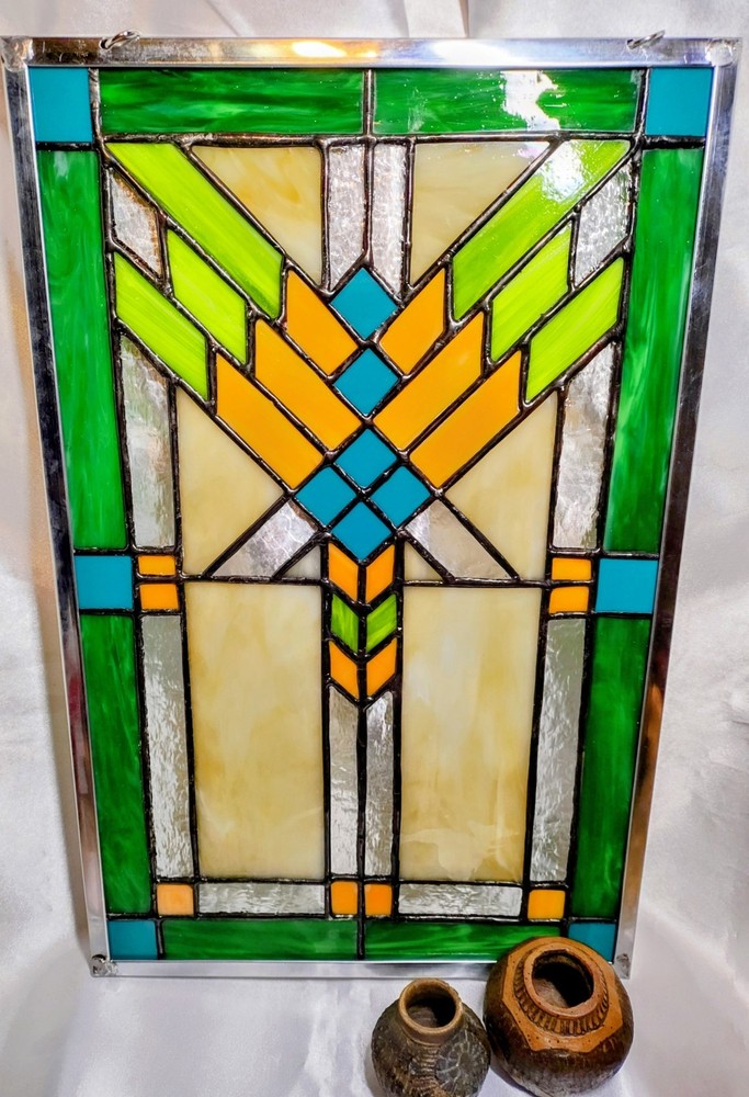 Frank Lloyd Wright Inspired Stained Glass Window Panel 10x15.5 Handmade