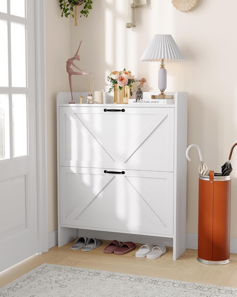 Slim Shoe Storage Cabinet for Entryway, Adjustable Shelves, Space Saving Design