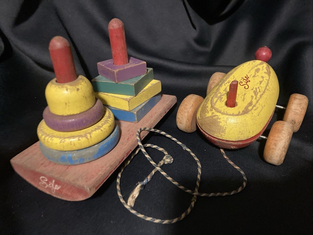Vintage Sifo Wooden Rainbow Stacker Educational Stacking Ring Blocks Pull Toy