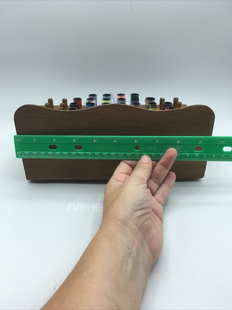 vtg wood thread bobbin organizer sewing kit storage