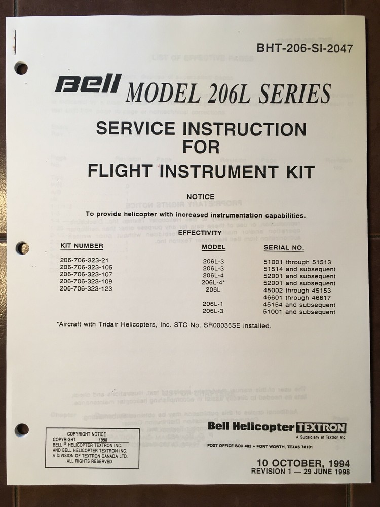 Bell 206L Flight Instrument Kit Service Instruction Manual