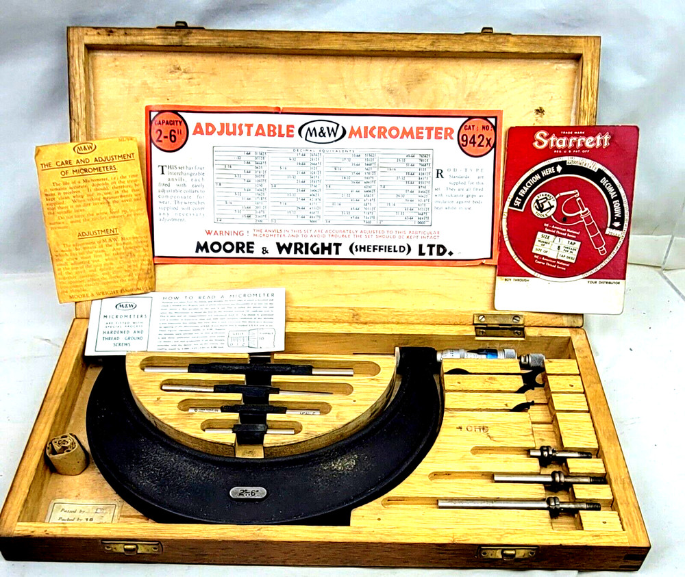 Adjustable Moore And Wright Micrometer No 942X 2" - 6" & Wood Box Britain Made