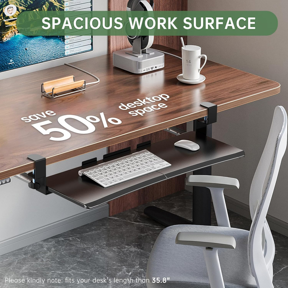 Extra Large Keyboard Tray under Desk - Slide Out with Sturdy C-Clip Mount System