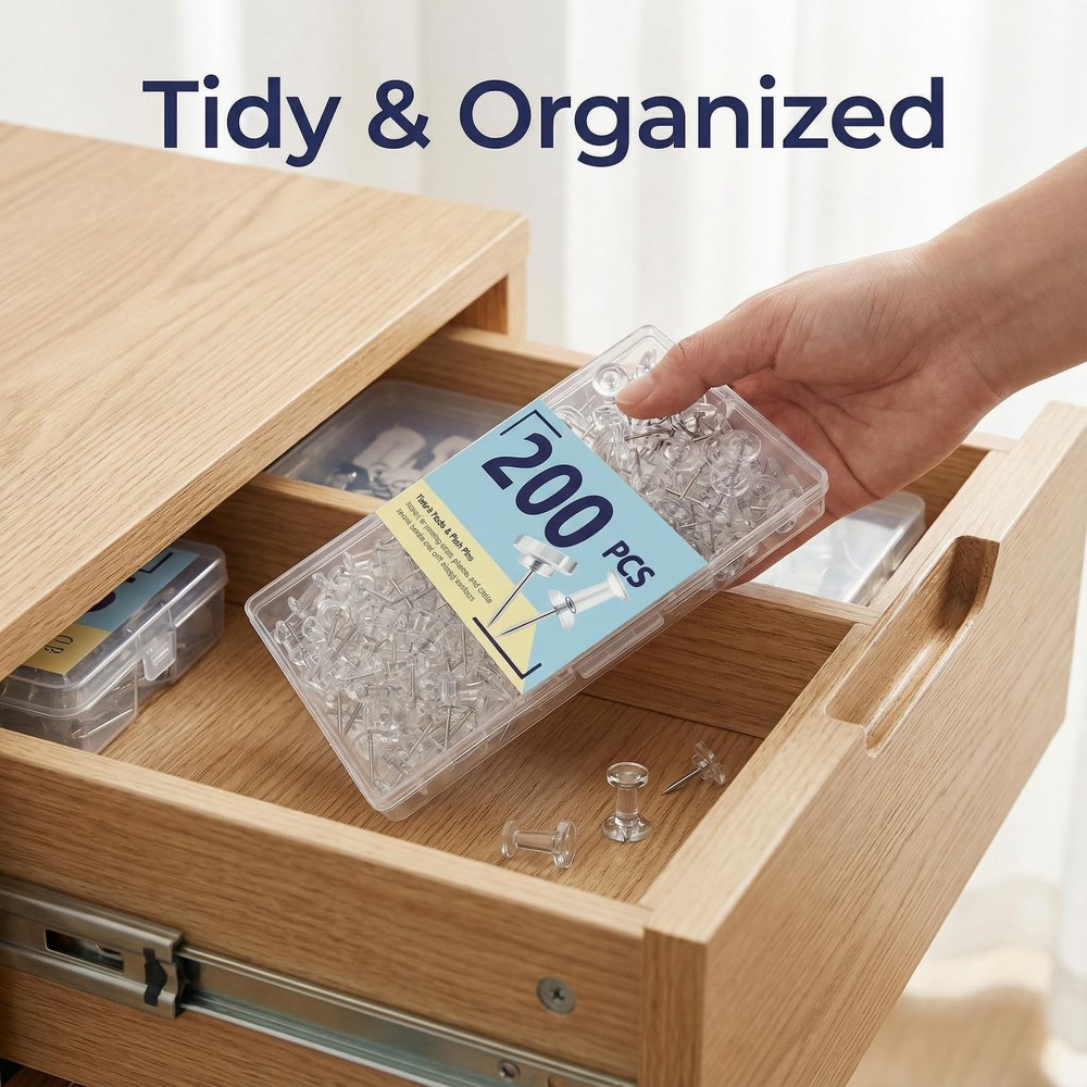 200 Pack Clear Push Pins and Thumb Tacks Combo - Flat Head Transparent