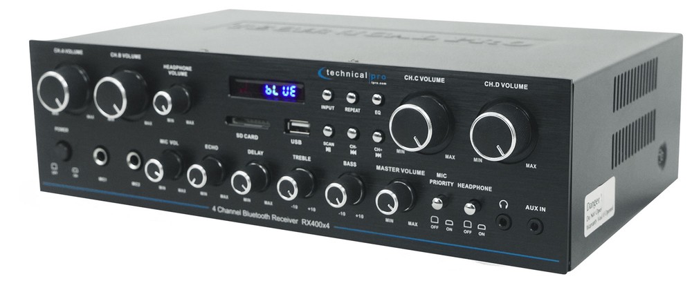 Technical Pro RX400X4 4 Channel 8 Speaker Bluetooth Home Receiver+Mic Inputs