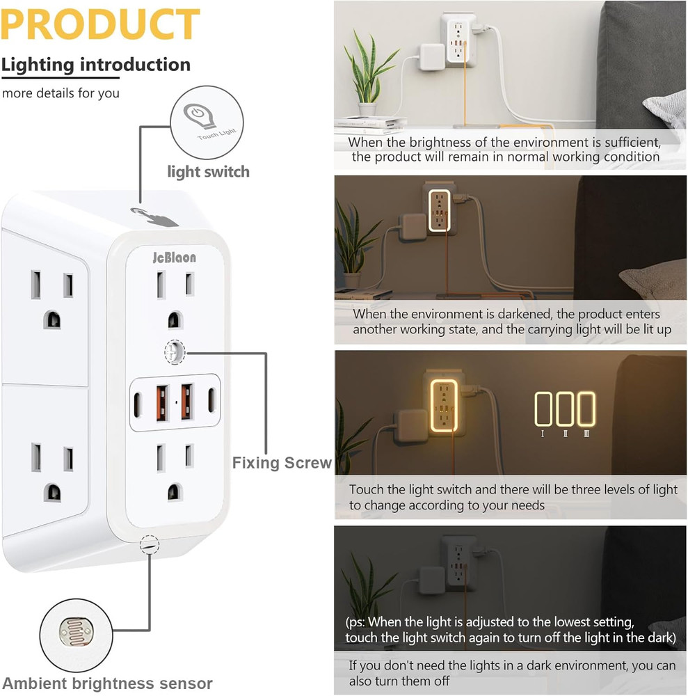 Wall Outlet Extender with Night Light, Power Plug Adapter Multi Plug Outlet Surg