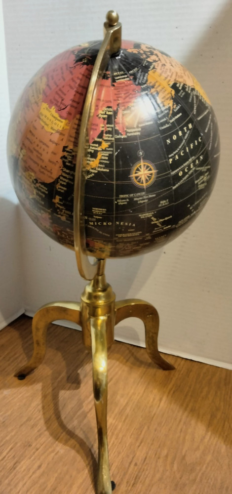 ELEGANT! 22" TALL DESKTOP 12" DIAMETER BLACK WORLD GLOBE CURVED SOLID BRASS LEGS