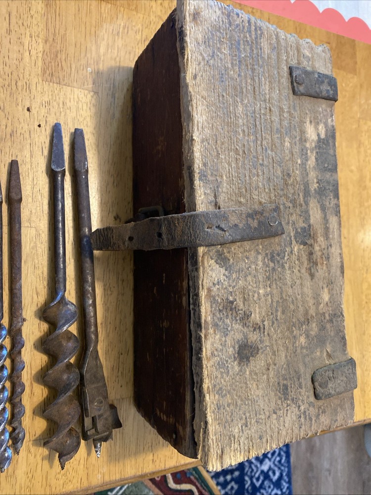 Assorted Vintage Bit Brace Hand Drill Auger Bits With Wood Box 19 Bits