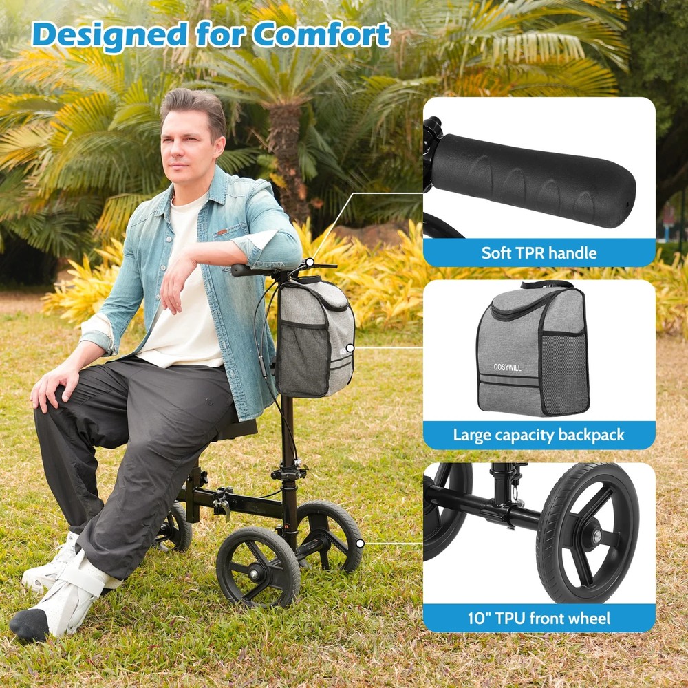 COSYWILL Adjustable Steerable Knee Scooter Walker All Terrain Foldable DualBrake