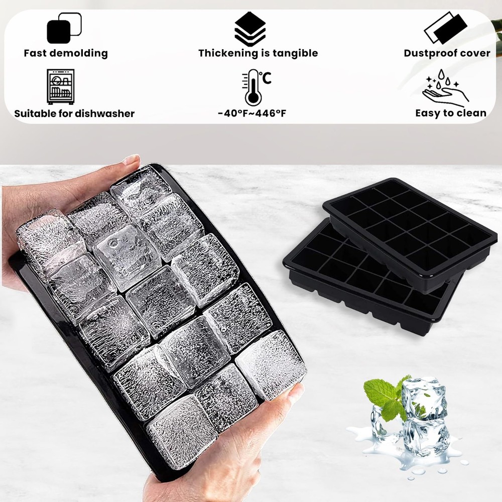 Large Silicone Ice Cube Trays with Lid, Make 15 Ice Cubes per Tray, Include 7...