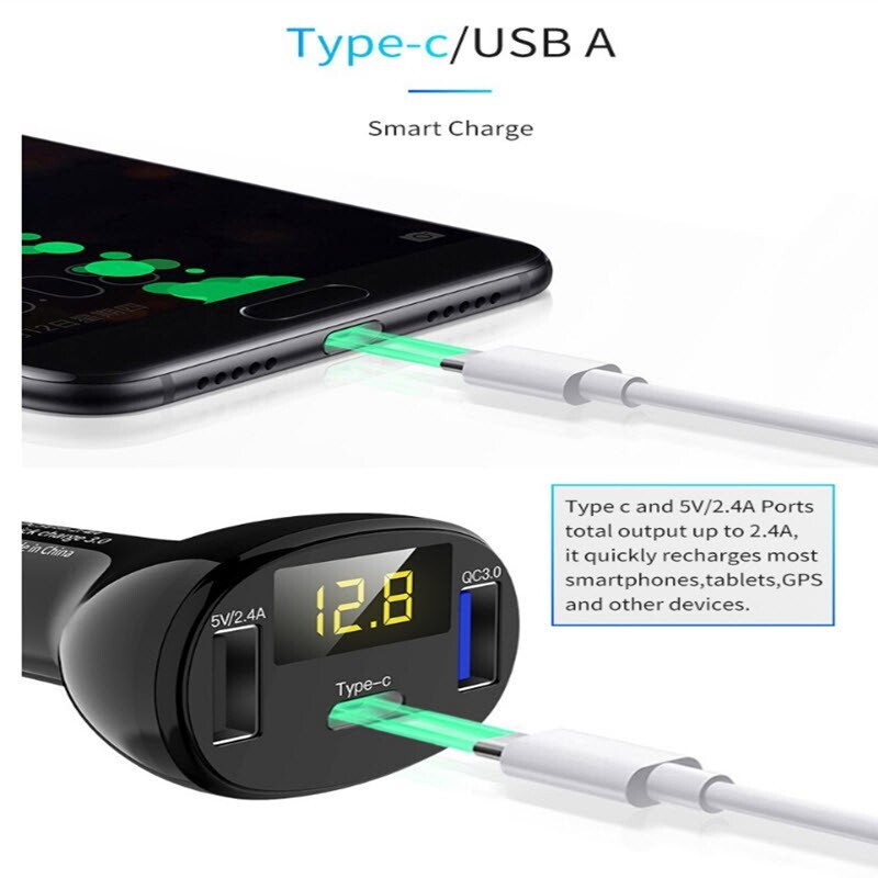 3 Port USB Car Fast Charging Safe Adapter for Phone Android iOS Type-C Charger