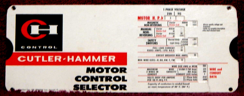 Cutler Hammer Motor Control Selector 1960
