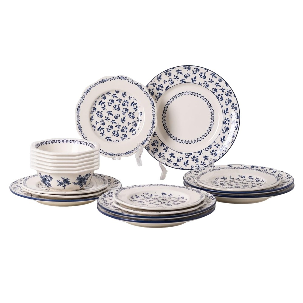 Dinnerware Set, Blue Manor 18-Piece Ceramic Dishware Set, Underglaze Floral P...