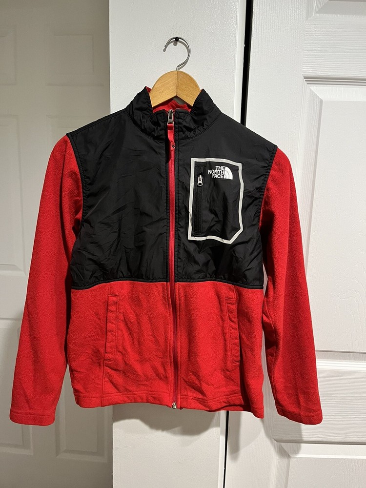 BOYS  NORTHFACE FULL ZIP JACKET SIZE L-RED BLACK POCKETS EUC