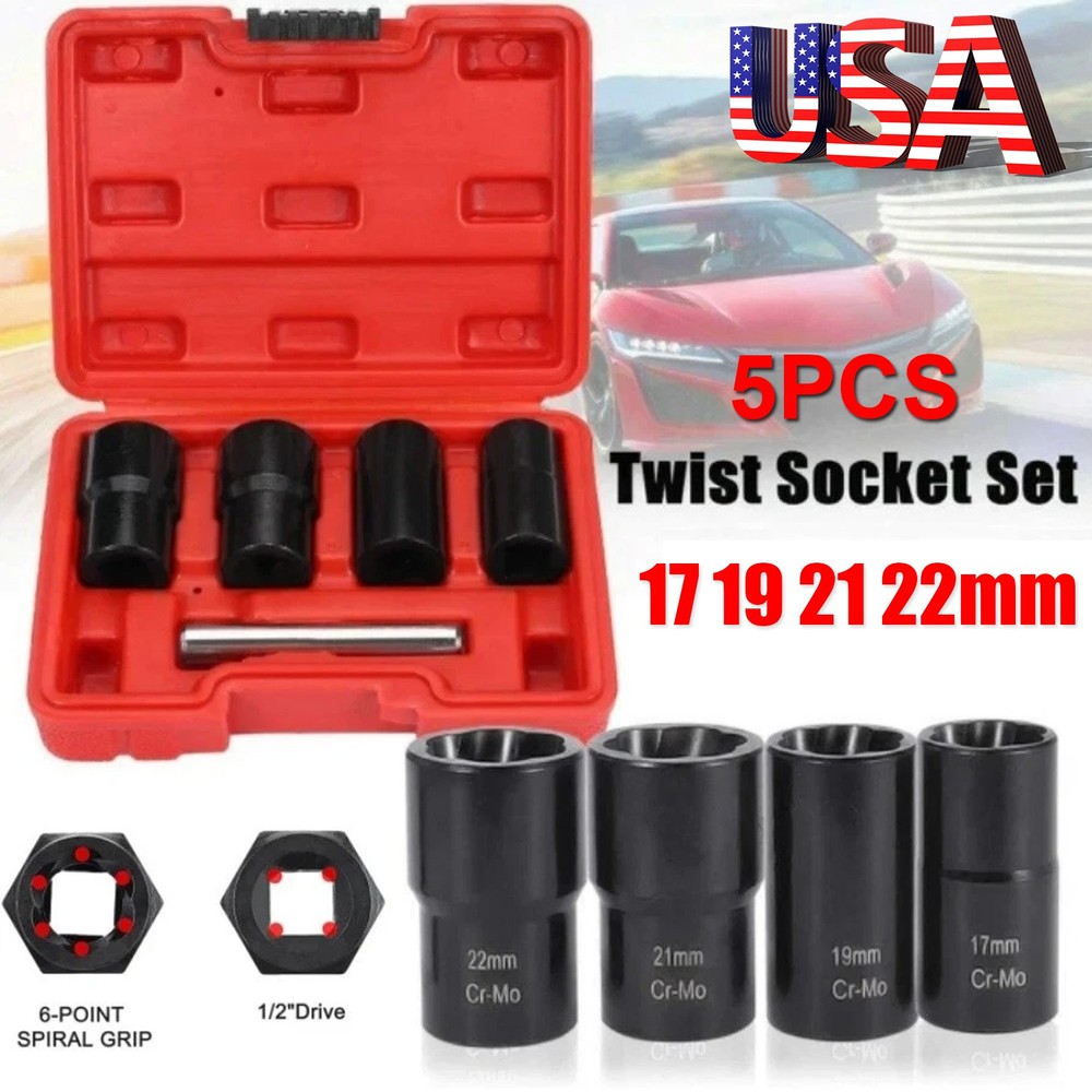 5Pc Wheel Lug Nut Remover 1/2" Drive Twist Socket Kit Remove Damaged Locked Nut