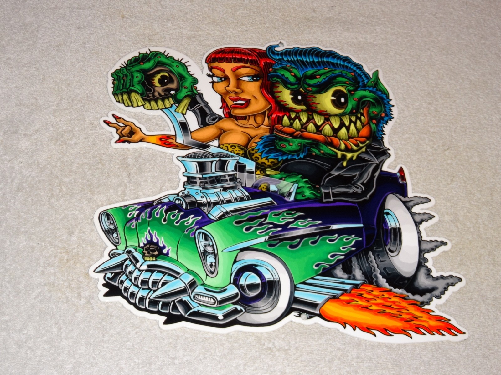 VINTAGE RATFINK DRIVES CAR W/ WOMAN MONSTER 12" METAL GASOLINE OIL RAT FINK SIGN