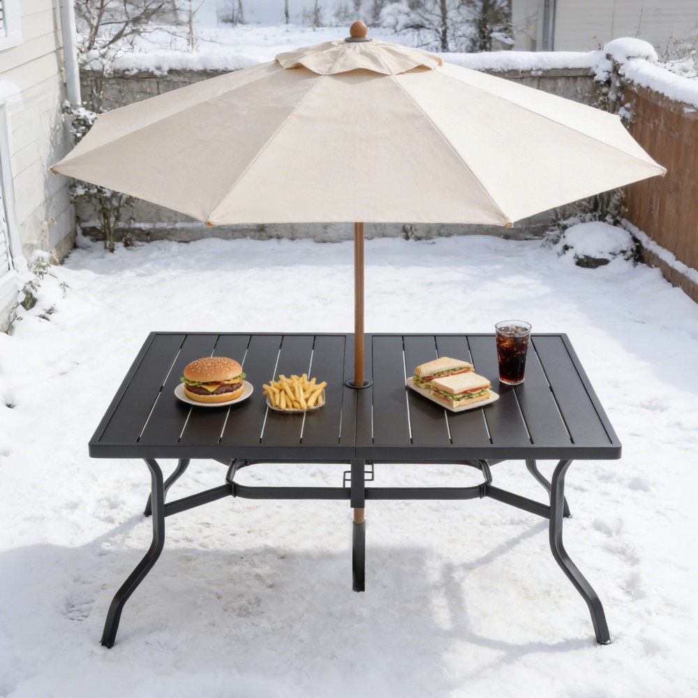 Rectangular Metal Patio Dining Table with Umbrella Hole Anti Slip Pads