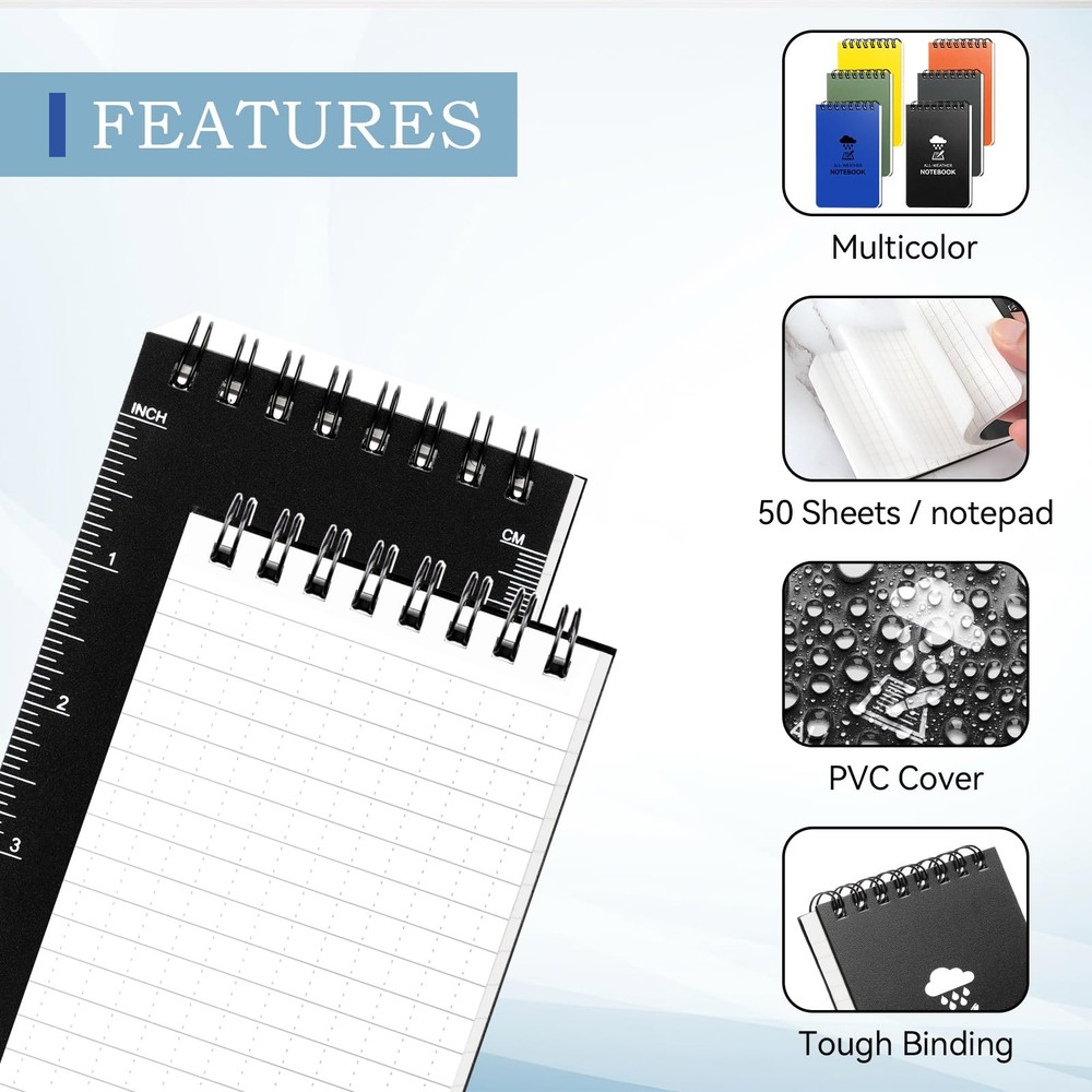 COIDEA 6 Pack Waterproof Notebook, 3 x 5 Pocket Notepad, Top-Spiral Rainbow