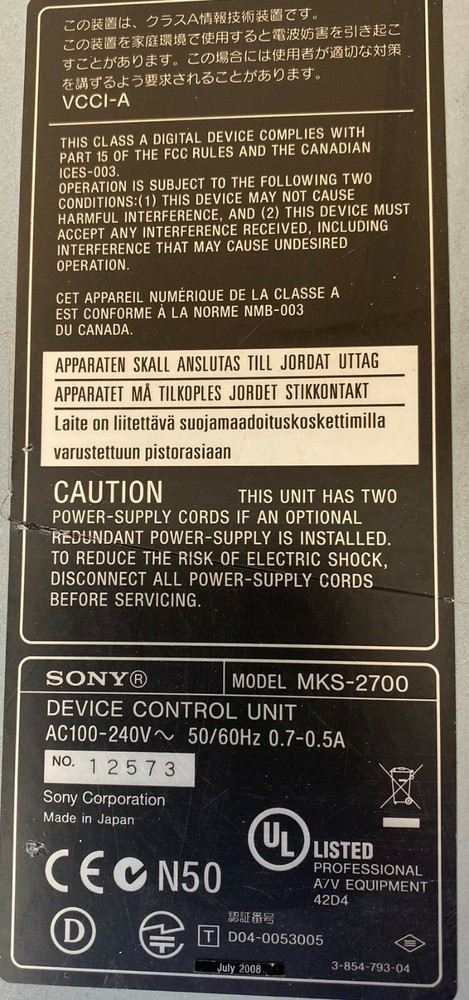 Sony MKS-2700 Device System Control Unit